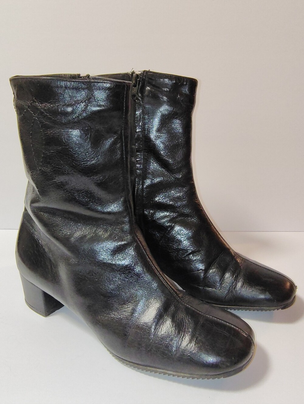 Florsheim Women's Vintage Black Leather Mid Calf Zip Block Heel Boots 70's Look - Picture 3 of 9